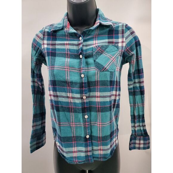 Tractr Long Sleeve Button Up Shirt Youth Medium Blue Plaid Pocket Pearl Snap - Picture 2 of 12
